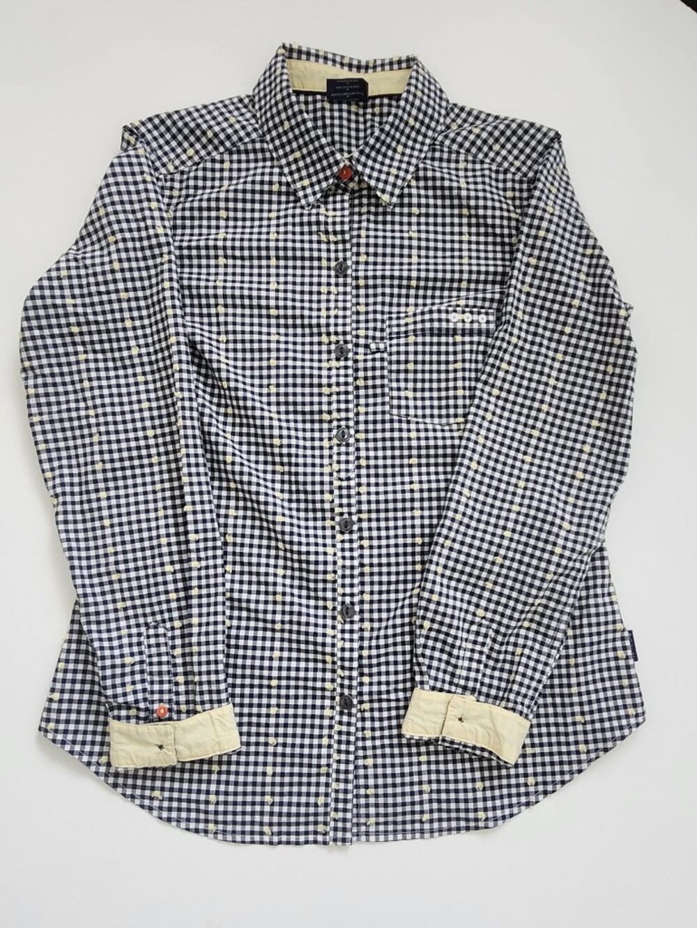 Columbia PFG Long Sleeve Gingham Plaid Fishing Shirt Navy Yellow Dot Women Mediu